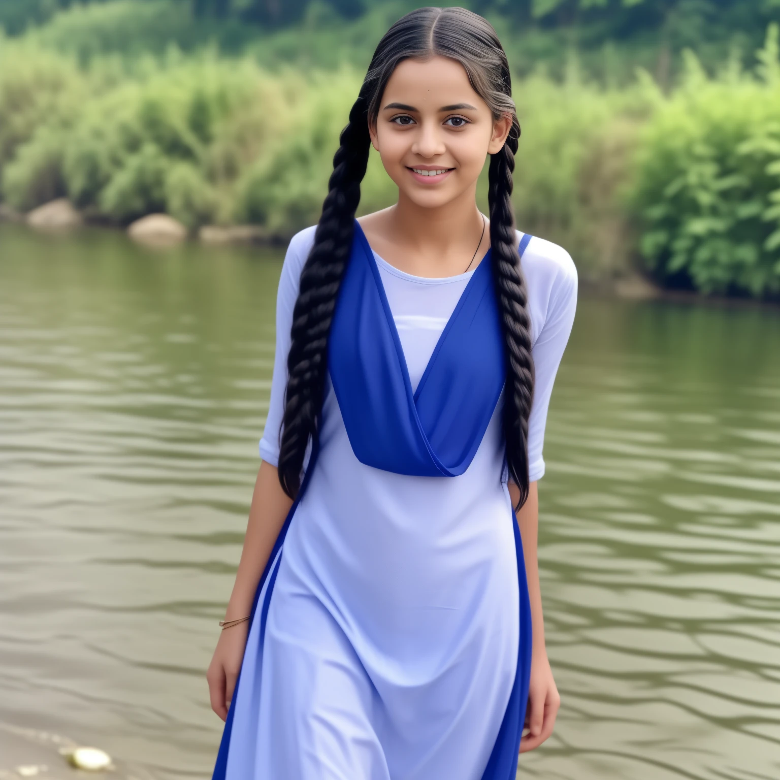 (masterpiece, 8k, best quality:1.2), in the river, outdoor, 1girl, 20 yo school girl,  smile, looking at viewer, salwar kameez uniform, wet clothes, soaked, wet hair, wet skin, translucent, glistening with oil, drenched, bright sunshine, soaked heavy clothes, playful, black braided hair, short bob