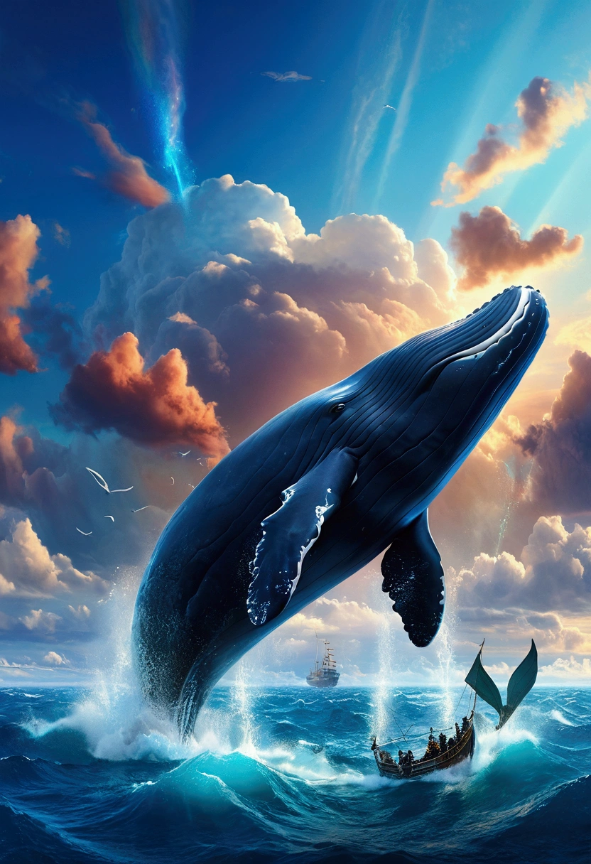 Flying Whale, full body, sky, by Alan_Lee, cinematic still, (best quality, masterpiece), very aesthetic, perfect composition, intricate details, ultra-detailed, vivid colors