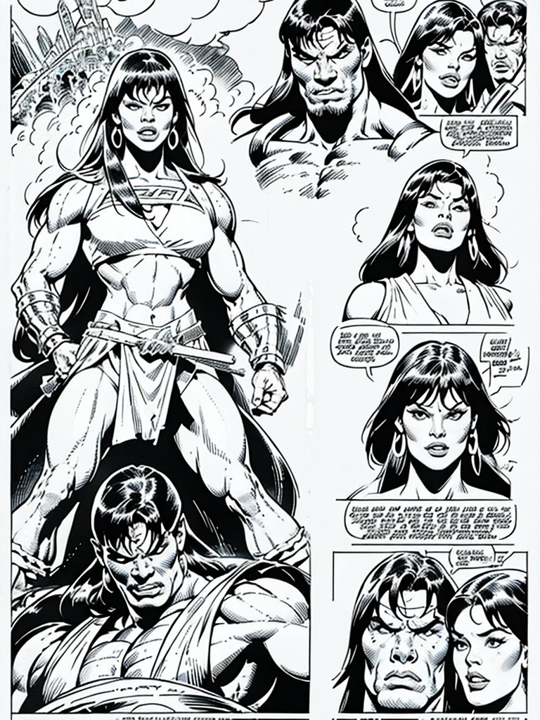 (Conan the Barbarian)Full body,Male and Female illustration in Buscema drawing style;beautiful female,barbarian and warrior woman art, Wide Angle,8K True-to-Life Picture Quality, Handsome, muscular body types,Perfect facial details,agressive facial expression,no nsfw images