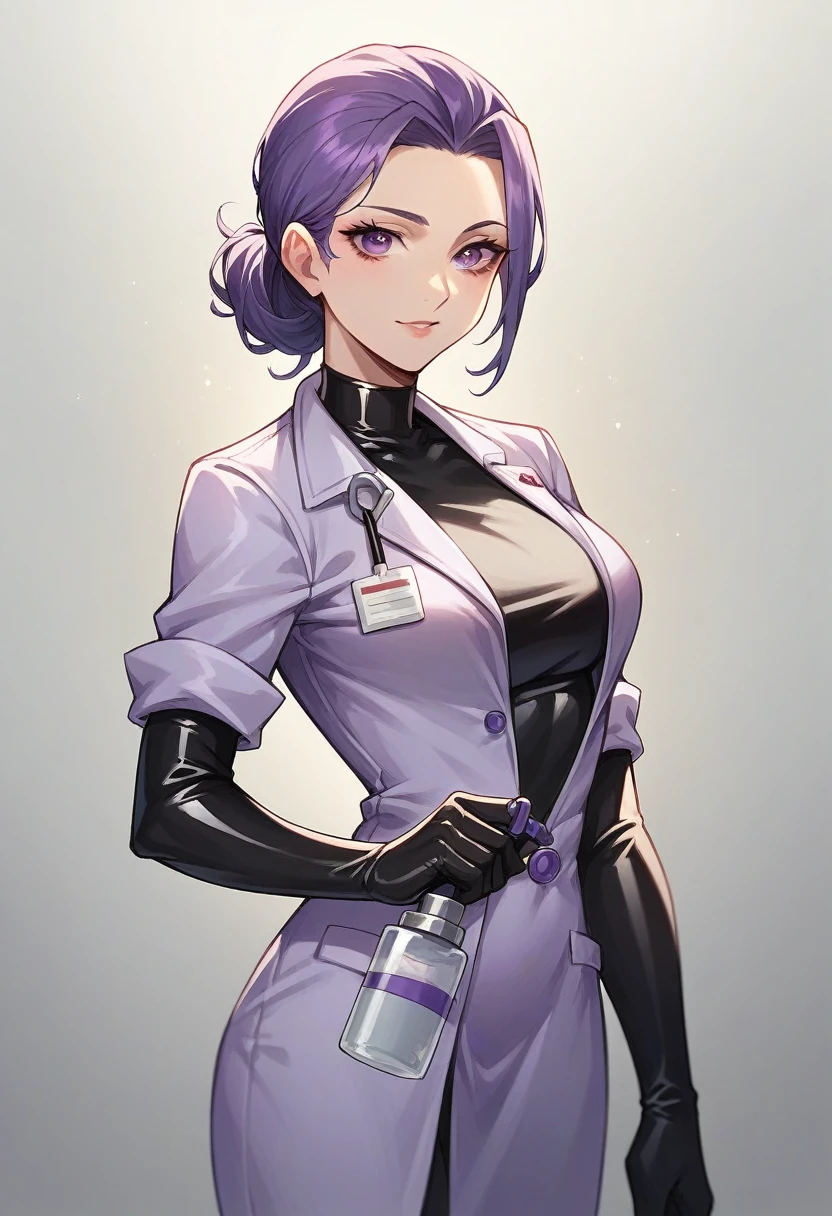 1girl, ((black elbow gloves)), ((surgical gloves)), ((latex gloves)), ((long sleeves)) ((purple surgeon outfit)), looking at viewer, ((purple doctor outfit)), standing, solo