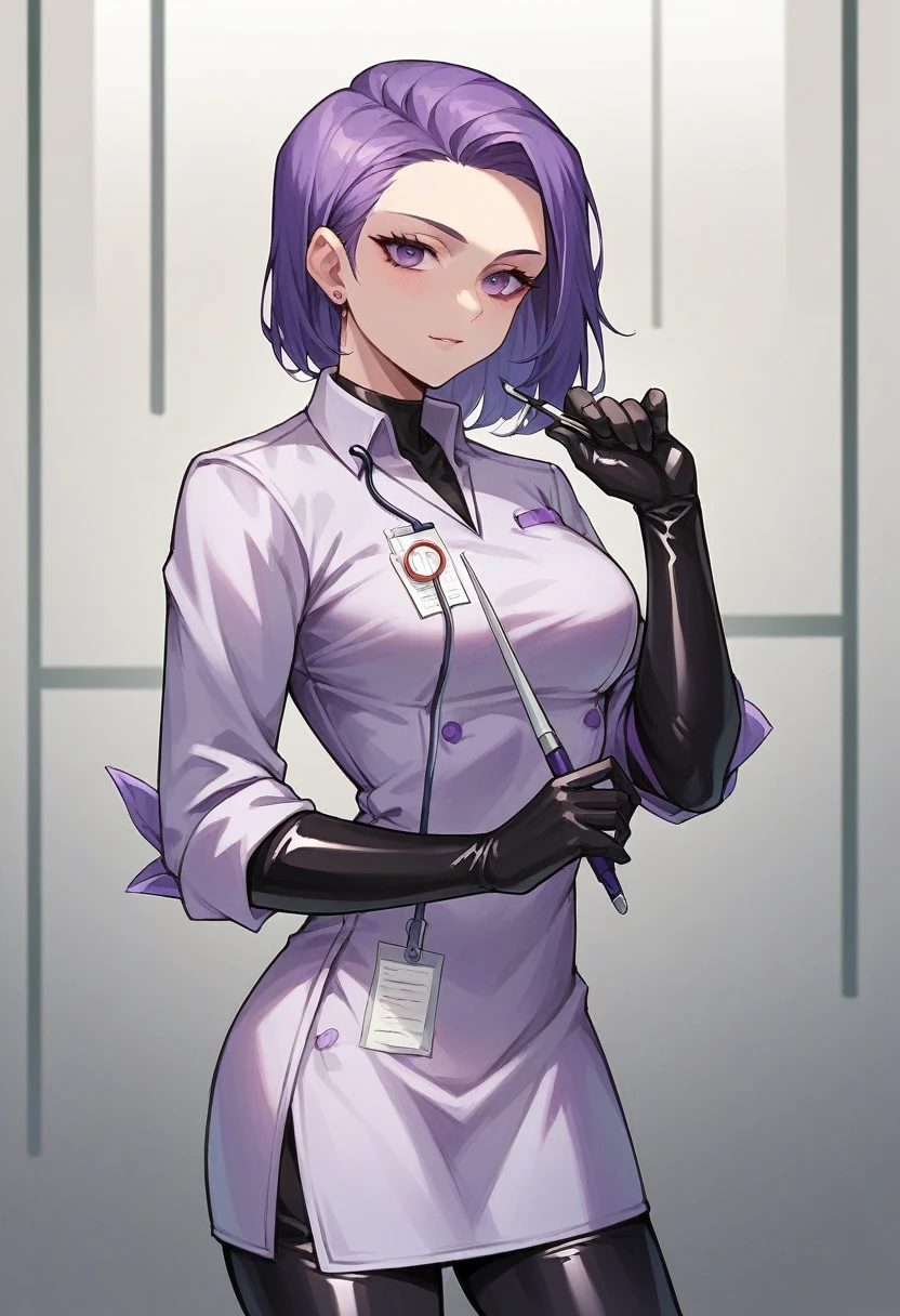 1girl, ((black elbow gloves)), ((surgical gloves)), ((latex gloves)), ((long sleeves)) ((purple surgeon outfit)), looking at viewer, ((purple doctor outfit)), standing, solo