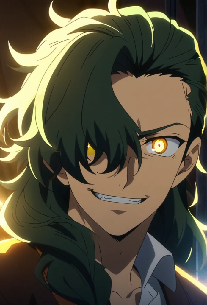 Handsome, solo, 1 man, dark green hair, yellow eyes, 1 man, handsome, male, long hair, detailed, Hair Slicked Back, Hair Over Eyes, Messy Hair, Hair Over Shoulder, Anime, Anime Style, Glowing Light, Bright Pupils, Smirk, Wide-Eyed, Evil Smile, Amber Eyes, 