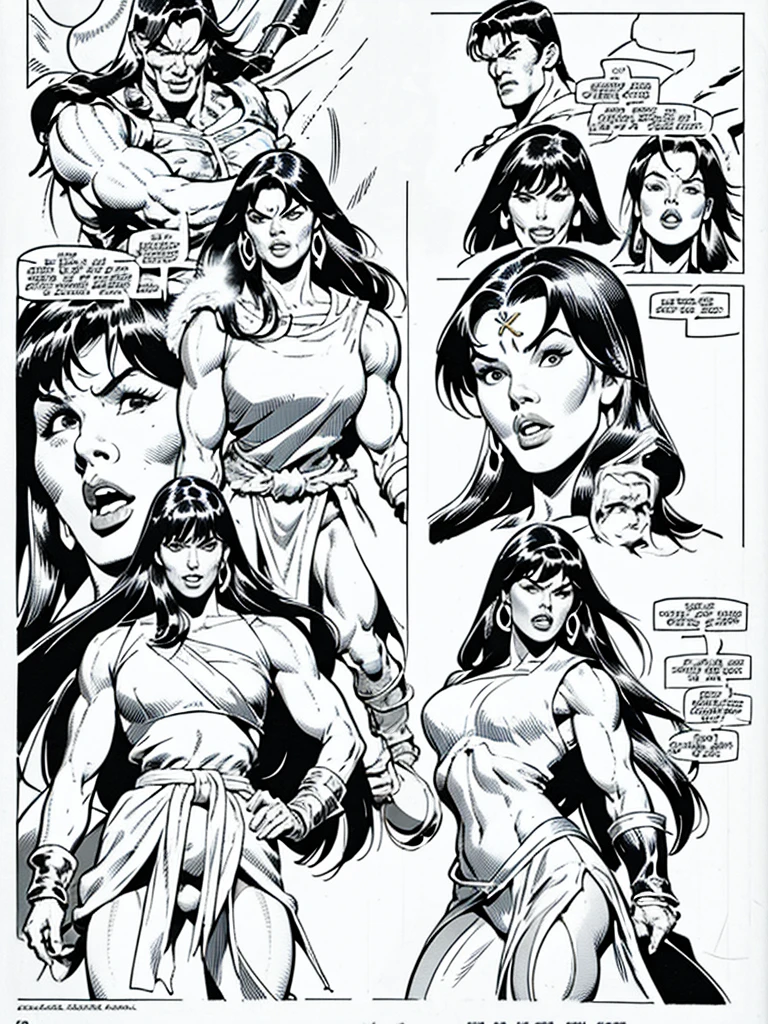 (Conan the Barbarian)Full body,Male and Female illustration in Buscema drawing style;beautiful female,barbarian and warrior woman art, Wide Angle,8K True-to-Life Picture Quality, Handsome, muscular body types,Perfect facial details,agressive facial expression,no nsfw images