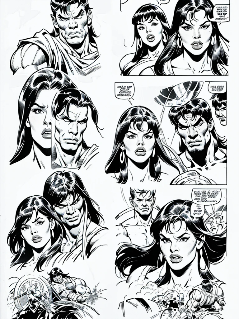 (Conan the Barbarian)Full body,Male and Female illustration in Buscema drawing style;beautiful female,barbarian and warrior woman art, Wide Angle,8K True-to-Life Picture Quality, Handsome, muscular body types,Perfect facial details,agressive facial expression,no nsfw images