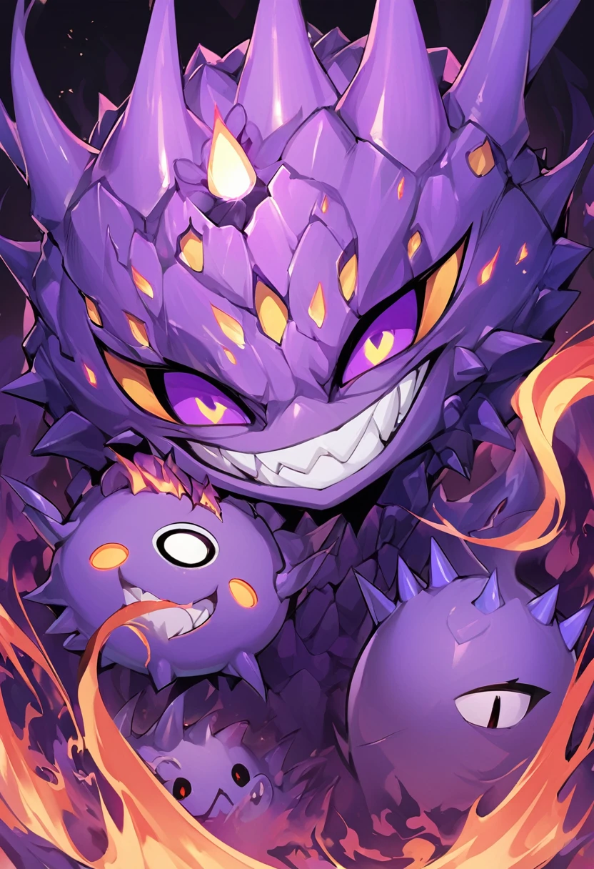 Flamey - cursed spirit of purple flames, devious and mischievous. A little ball of purple flame with two dots as his eyes and spiny smiling mouth, grinning at his own thoughts. He has no physical body and looks like a little ball of flames.