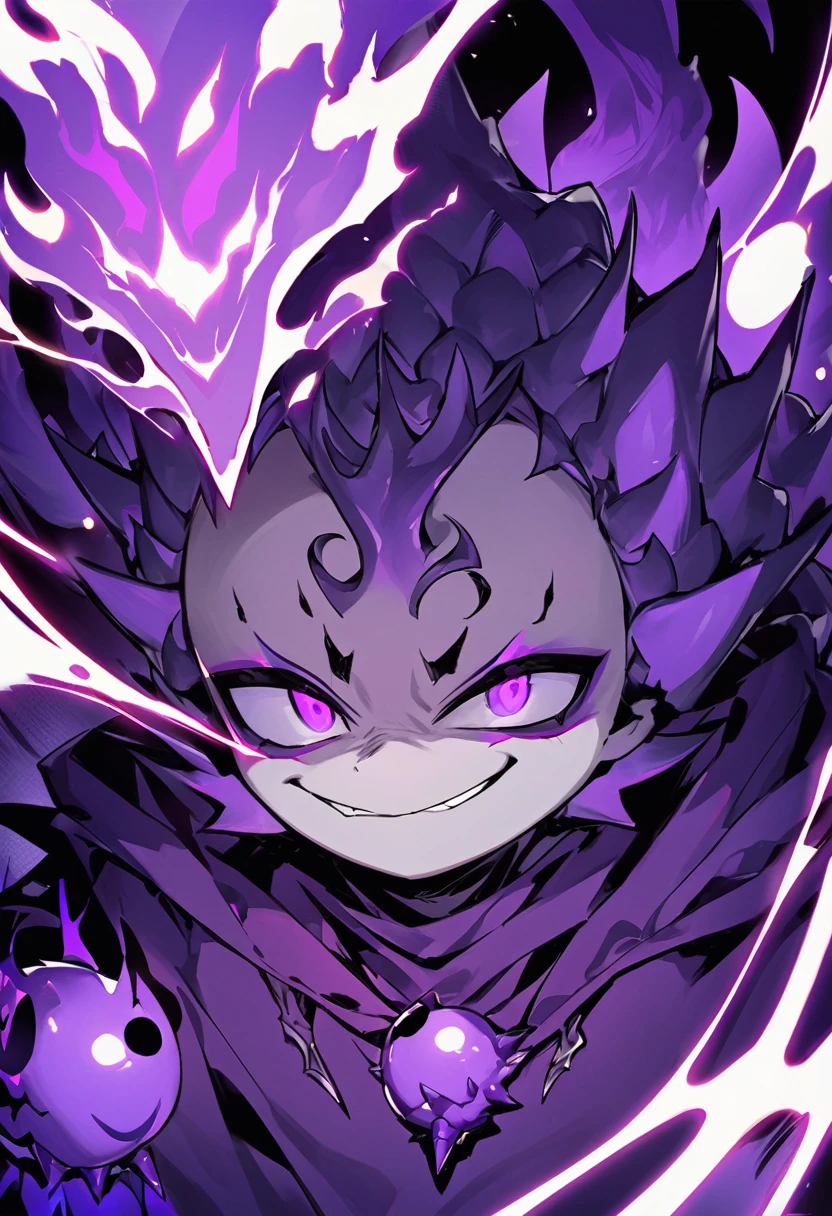 Flamey - cursed spirit of purple flames, devious and mischievous. A little ball of purple flames with two dots as his eyes and spiny smiling mouth, grinning at his own thoughts. He has no physical body and multiplies, looks like a little ball of flames, similar to will-o'-the-wisp kind of spell.