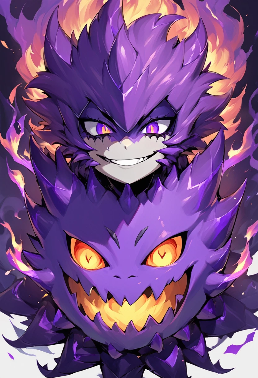 Flamey - cursed spirit of purple flames, devious and mischievous. A little ball of purple flames with two dots as his eyes and spiny smiling mouth, grinning at his own thoughts. He has no physical body and multiplies, looks like a little ball of flames, similar to will-o'-the-wisp kind of spell.
