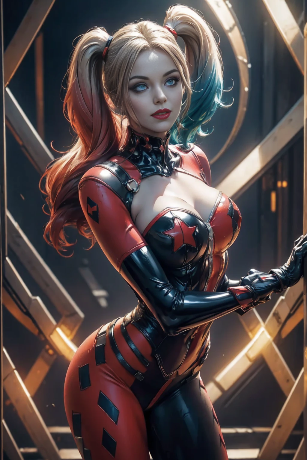 ((full-length portrait, standing, feet on the floor)) straight, looking at viewer, BREAK, cartoon_Harley Quinn, lipstick, original outfit, blue eyes, makeup, lips, red lips, Bodysuit, cleavage, heroine pose, bright, centered art, BREAK, official arts, extremely detailed CG unit wallpaper 8k, full body, looking at viewer, perfect lighting, colorful, bright facial lighting, glowing skin, standing, (masterpiece: 1.0), (best quality: 1.0), extra high resolution, 4k, ultra-detailed, photographic, 8K, HDR, high resolution, down to earth, (nonsense: 1.2), Kodak Portra 400, film grain, blurred background, ( bokeh: 1.2), lens flare, (Vibrants_Color: 1.2), professional photo of a, (pretty face: 1.5) night city background, skyscraper on the roof, exposed skin,