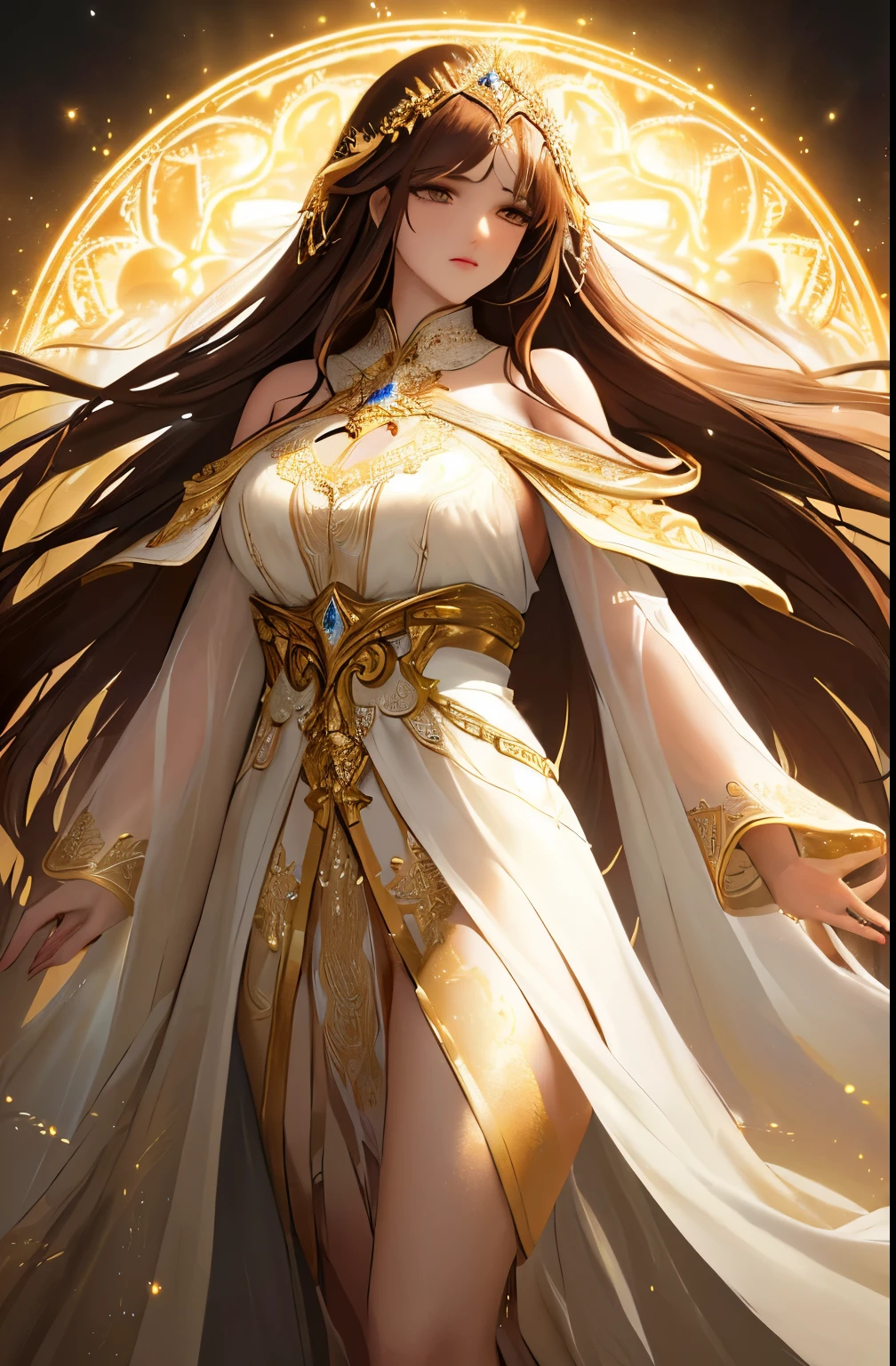 a young angel, a young female deity, long brown hair, long white dress, dramatic lighting, fantasy art, cinematic composition, epic scale, ethereal atmosphere, volumetric lighting, depth of field, photorealistic, 8k, high resolution, hyper detailed, masterpiece, intricate details, ornate decoration, flowing fabric, graceful pose, serene expression, divine presence, glowing aura, celestial realm, golden accents, ethereal landscape, dramatic clouds, volumetric fog, cinematic camera angle, award winning