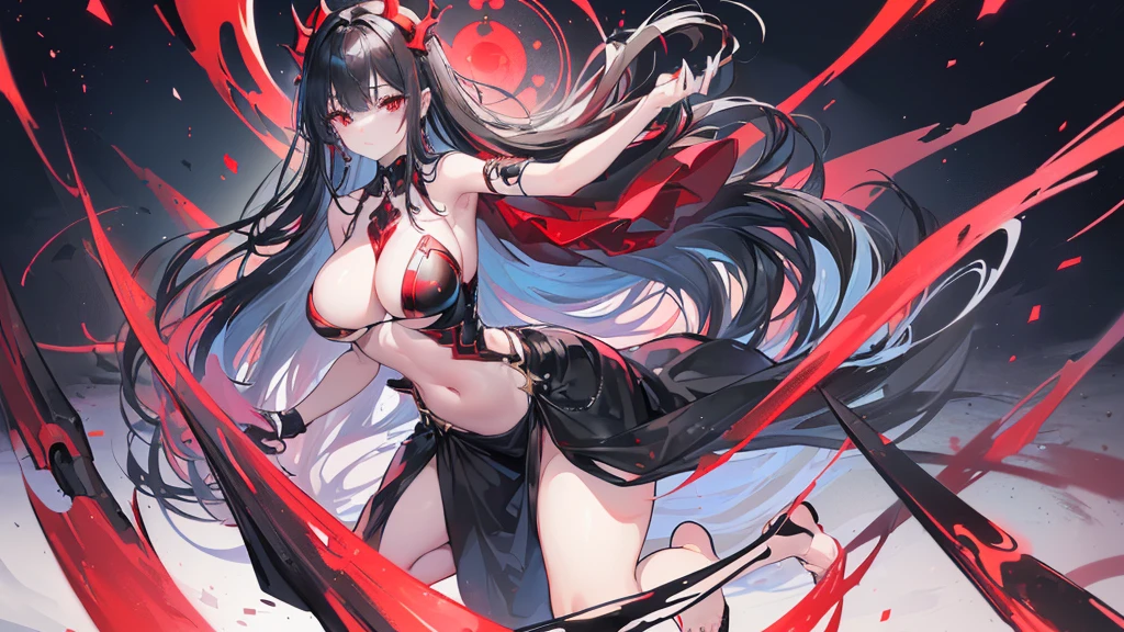 (Exquisite eyes),(Clear and beautiful eyes:1.61),masterpiece, ung girl,(Black clothes and some red gems), Black long hair, (She has a huge red gem on her chest), Good Hand,((The Havoc of StarCraft)),full-body shot,Fighting Stance,(Red Eyes:1.466),short and small,(Very big breasts:1.35),(Pretty Face),(full-body shot:1.33),Beautiful hands