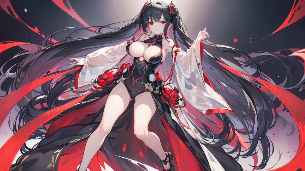 (Exquisite eyes),(Clear and beautiful eyes:1.61),masterpiece, ung girl,(Black clothes and some red gems), Black long hair, (She has a huge red gem on her chest), Good Hand,((The Havoc of StarCraft)),full-body shot,Fighting Stance,(Red Eyes:1.466),short and small,(Very big breasts:1.35),(Pretty Face),(full-body shot:1.33),Beautiful hands