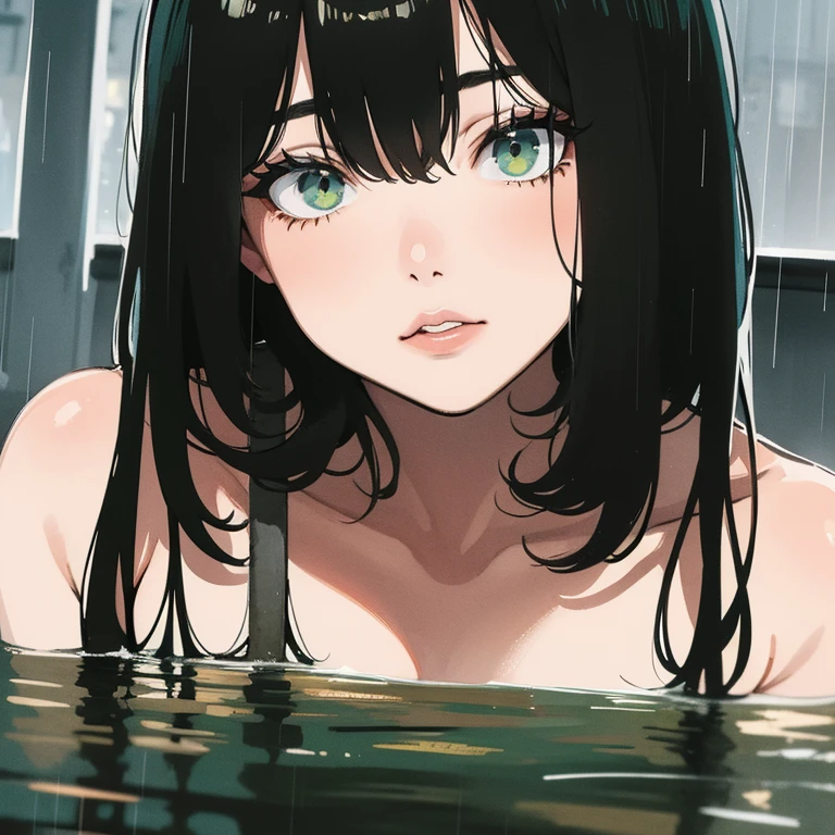 masterpiece, best quality, 2girls, (closeup:1.5), 18yo teen, slim, small breast, side view, walk knee-deep in water, sad, tired, dirty face, green raincoat, (backpacks), heavy rain, downpour, flood, wasteland, train station, industrial ruins, grey, desolate, rain, dark, watercolor, analog, ((open coan:1.4)), ((topless:1.3))