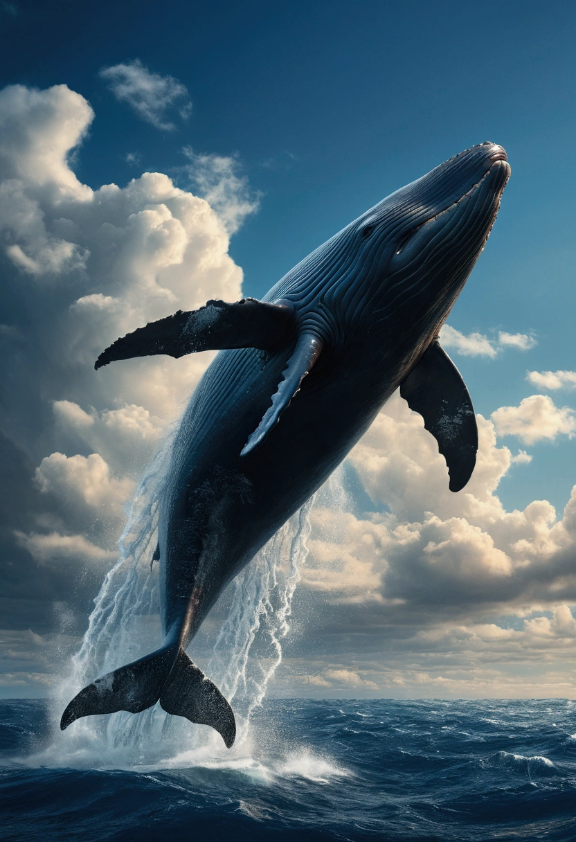 Flying Whale, full body, sky, by Andy_Lee, cinematic still, (best quality, masterpiece), very aesthetic, perfect composition, intricate details, ultra-detailed, vivid colors