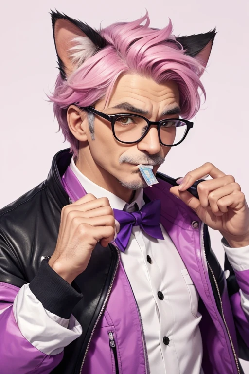 a male cat like a mascot character, a bit of an old man, wearing stylish and fashionable Italian jacket mixed-colored by white/pink/purple color, wearing glasses, small mouth, mouth closed, a little bit cat eye syndrome