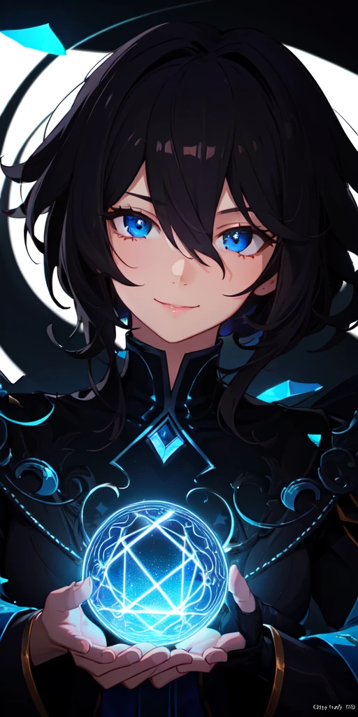 (masterpiece, best quality, ultra-detailed, best shadow), (detailed background,dark fantasy), (beautiful detailed face), high contrast, (best illumination, an extremely delicate and beautiful), ((cinematic light)), colorful, hyper detail, dramatic light, intricate details, (1 boy, solo, black hair, smile, sharp face, shaggy hair,blue eyes, hair between eyes,dynamic angle), vines, swirling black light around the character, depth of field,black light particles,(broken glass),magic circle,