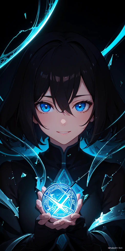 (masterpiece, best quality, ultra-detailed, best shadow), (detailed background,dark fantasy), (beautiful detailed face), high contrast, (best illumination, an extremely delicate and beautiful), ((cinematic light)), colorful, hyper detail, dramatic light, intricate details, (1 boy, solo, black hair, smile, sharp face, shaggy hair,blue eyes, hair between eyes,dynamic angle), vines, swirling black light around the character, depth of field,black light particles,(broken glass),magic circle,
