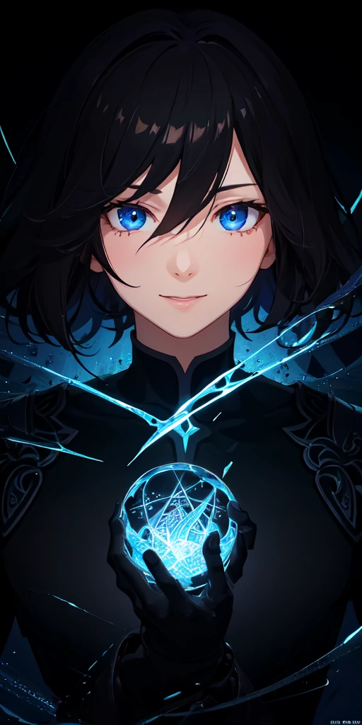 (masterpiece, best quality, ultra-detailed, best shadow), (detailed background,dark fantasy), (beautiful detailed face), high contrast, (best illumination, an extremely delicate and beautiful), ((cinematic light)), colorful, hyper detail, dramatic light, intricate details, (1 boy, solo, black hair, smile, sharp face, shaggy hair,blue eyes, hair between eyes,dynamic angle), vines, swirling black light around the character, depth of field,black light particles,(broken glass),magic circle,