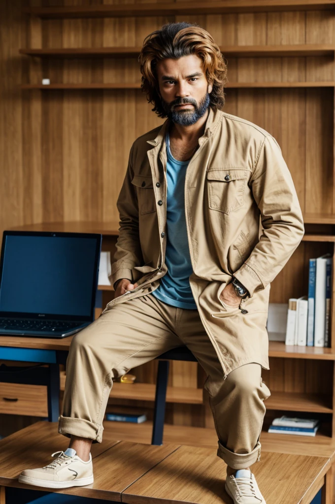 Lion standing on his legs wearing a beige t-shirt and a blue jacket, his hands resting on the wooden desk.