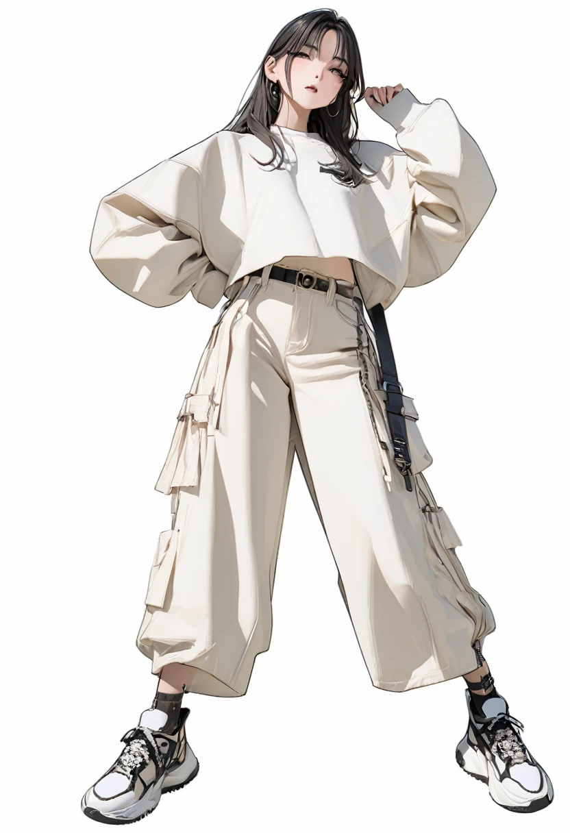 (Masterpiece, highest resolution: 1.2, 8K), center, full body, one girl, medium length, fashion, wide pants, simple sneakers, simple background, white background, eyes open,
