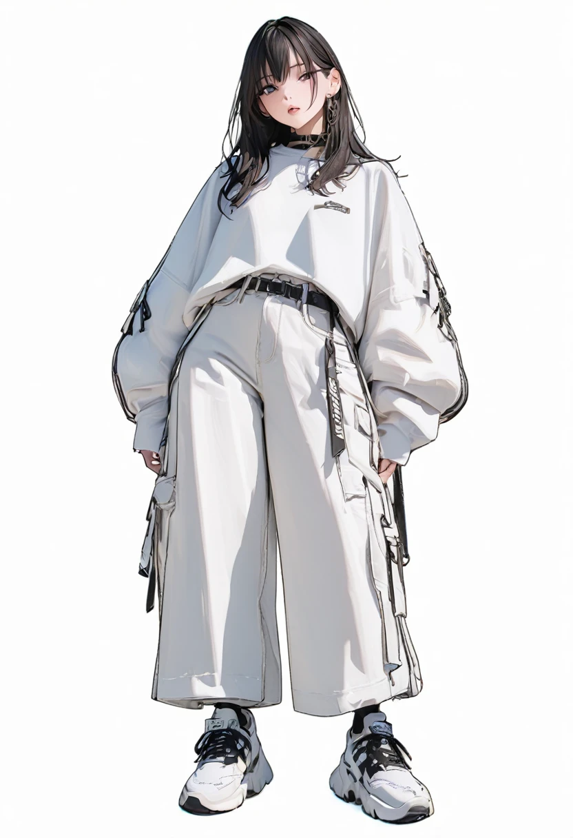 (Masterpiece, highest resolution: 1.2, 8K), center, full body, one girl, medium length, fashion, wide pants, simple sneakers, simple background, white background, eyes open,