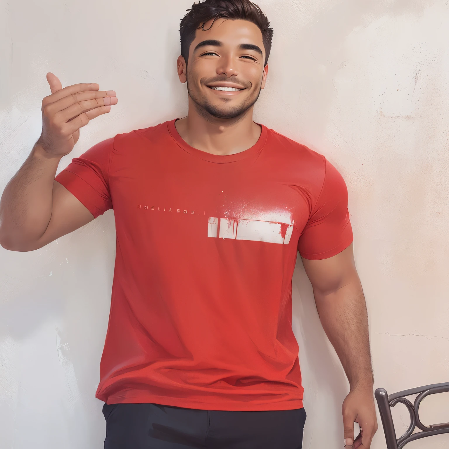 man in red shirt smiling on a white wall background