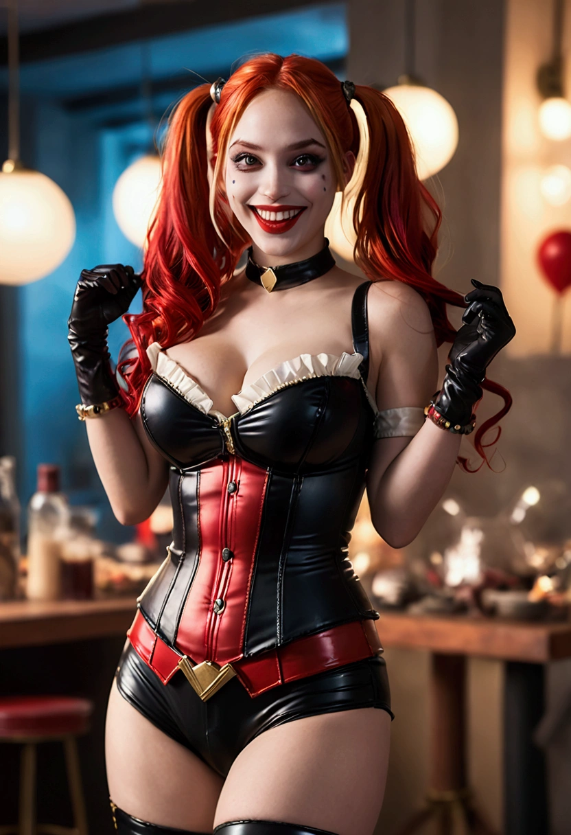 ultra realistic, photography, long red hair, girl, 24 years old, hourglass figure, perfect body, Flirty look, extremely detailed artgerm, in the style artgerm, small breasts, facing the camera, lens 35 mm, blur background, red and black Harley Quinn costume, lively costume party as background, laughing