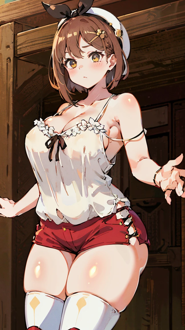 (Highest quality, 8k, masterpiece :1.3),Lizaリン・シュタウト(Lizaのアトリエ),Liza, One woman,Large Breasts,short hair,Brown Hair,hair band,Clothing,hat,White shirt,White camisole,Red shorts,Brown long boots,nsfw,Plump body,Thighs,Full Nelson Pose,Armlock,Piledriver