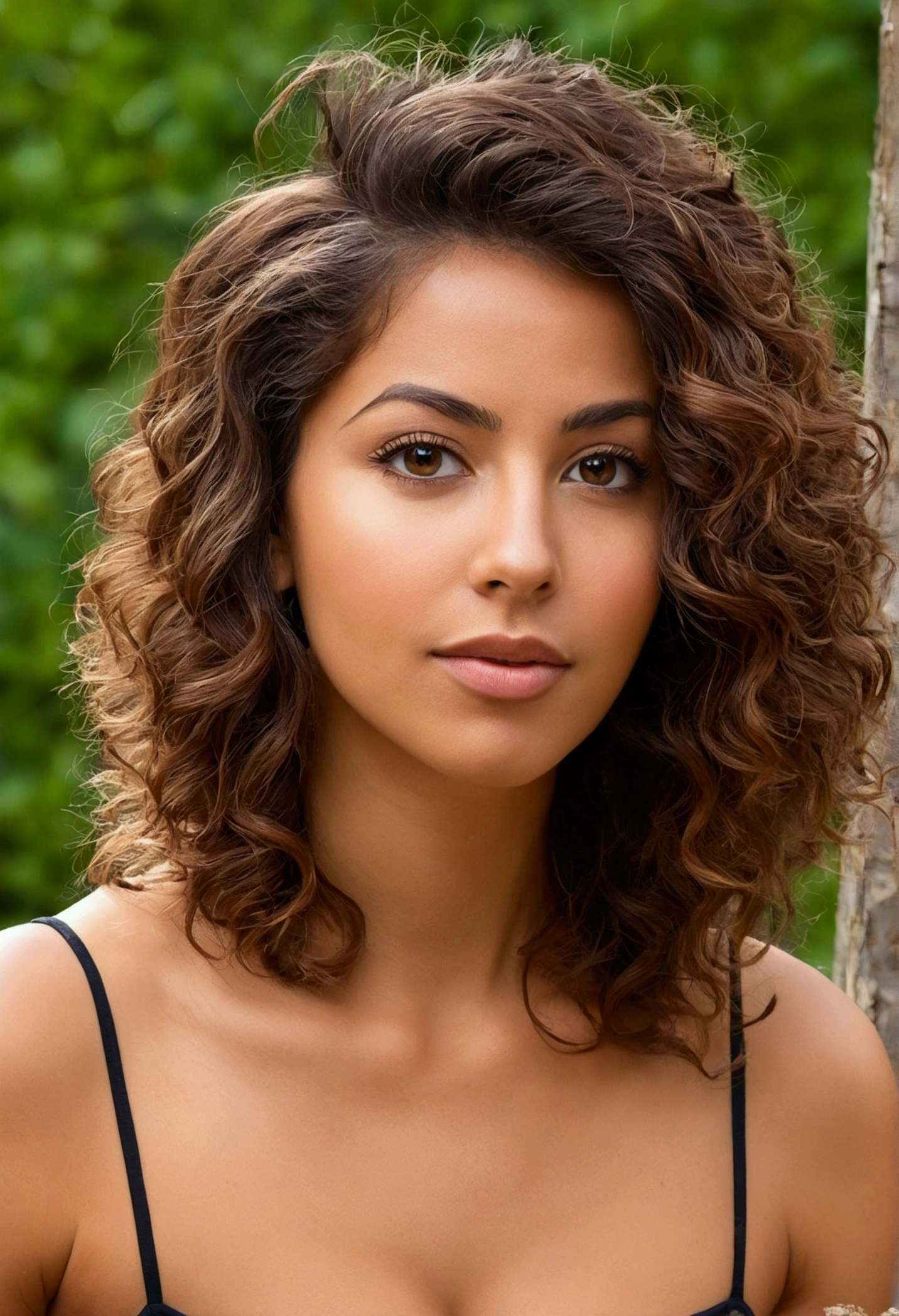 30 year old girl with cheveux bruns and yeux marrons, heureux, expression joyeuse, bouche fermée, Beau lips, nez très fin, latina girl, très détaillé, Magnifique,très détaillé, texture de peau détaillée, (Rougir: 0.5), (chair de poule: 0.5). (cheveux bruns) (cheveux courts et bouclés, les cheveux sauvages, coupe élégante) visage mince, nez très fin, parfait face, mince body (mince), (cheveux bruns) (yeux marrons ) (peau blanche)Abstract painting. In the Park attraction