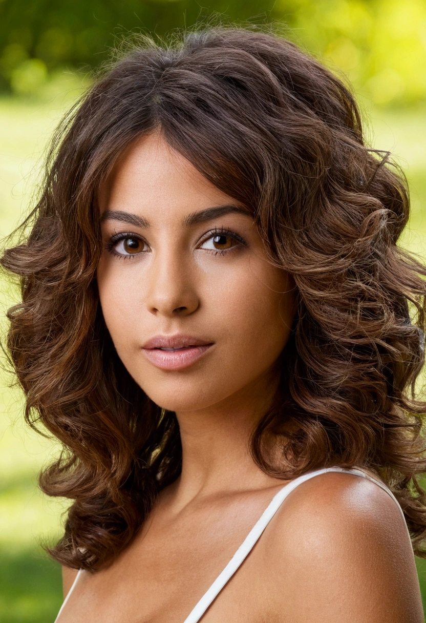 30 year old girl with cheveux bruns and yeux marrons, heureux, expression joyeuse, bouche fermée, Beau lips, nez très fin, latina girl, très détaillé, Magnifique,très détaillé, texture de peau détaillée, (Rougir: 0.5), (chair de poule: 0.5). (cheveux bruns) (cheveux courts et bouclés, les cheveux sauvages, coupe élégante) visage mince, nez très fin, parfait face, mince body (mince), (cheveux bruns) (yeux marrons ) (peau blanche)Abstract painting. In the Park attraction