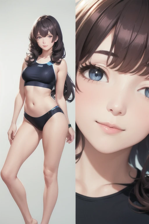 girl,Character design sheet,Beautiful attention to detail,Beautiful lip detail,Very detailed目と顔,Long eyelashes,Realistic,photoRealistic:1.37,Very detailed,Professional,Vibrant colors,Portraiture,Studio Lighting,Physically Based Rendering,High resolution,超High resolution. blue eyes,Big eyes, Close ~ eyes,Long Hair,Curly hair、Black Hair,Red cheeks,Lower eyes,whole body,smile,Swimwear,Small waist,foot,model