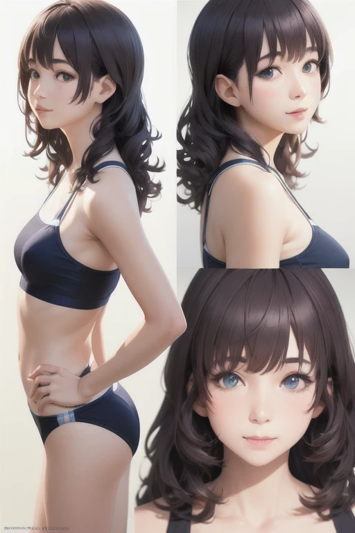 girl,Character design sheet,Beautiful attention to detail,Beautiful lip detail,Very detailed目と顔,Long eyelashes,Realistic,photoRealistic:1.37,Very detailed,Professional,Vibrant colors,Portraiture,Studio Lighting,Physically Based Rendering,High resolution,超High resolution. blue eyes,Big eyes， Close ~ eyes，Long Hair，Curly hair、Black Hair，Red cheeks，Lower eyes，whole body，smile，Swimwear，Small waist，foot，model