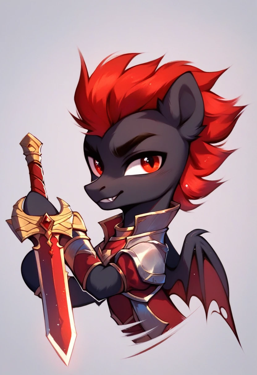 Male Pony, Black Body, Red Mane , Red eyes, Smling, holding a sword