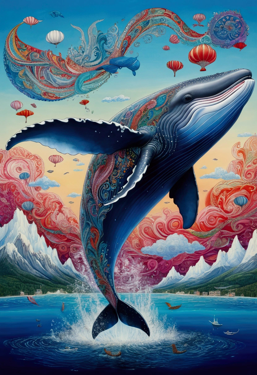 Flying Whale, full body, sky, by Del Kathryn Barton, cinematic still, (best quality, masterpiece), very aesthetic, perfect composition, intricate details, ultra-detailed, vivid colors