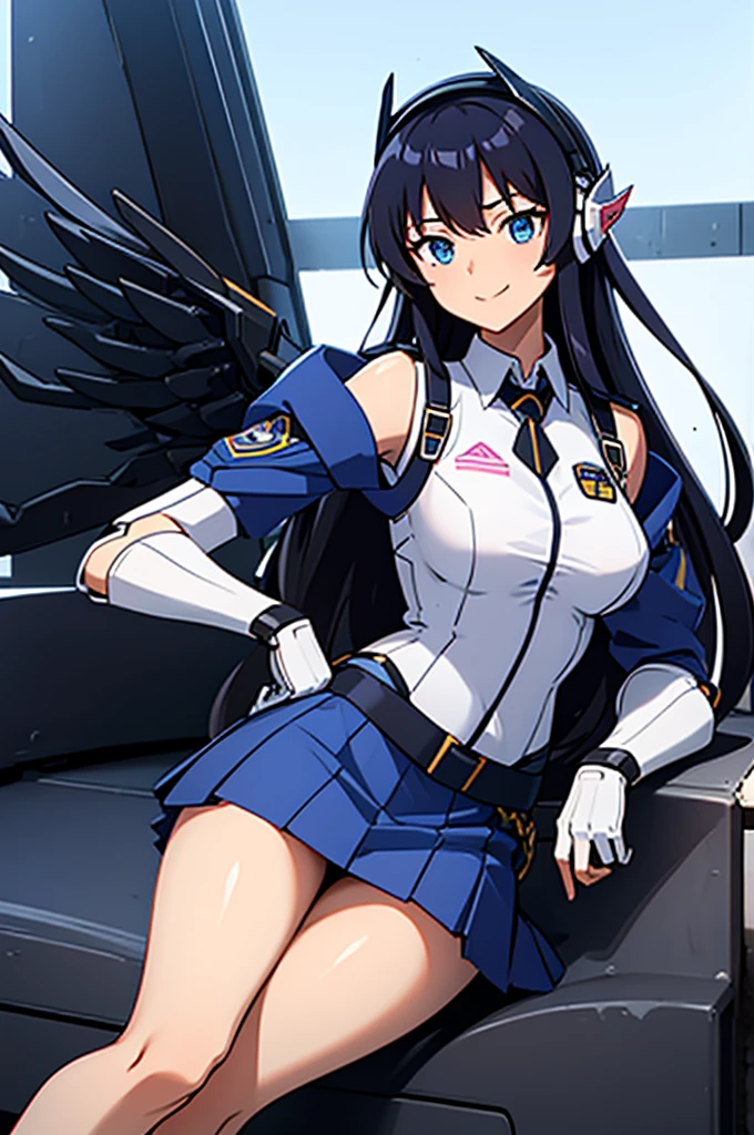 mecha wings、Blue Skirt、Accentuated thighs、chest、Black Hair、1 girl、solo girl、IS、Frame Arms Girl、Alice Gere Aegis、White Armor、Pink Line、income、headphone、hand on own chest、smile、Miike Naeko,One girl,alone,police,police ユニフォーム,police woman