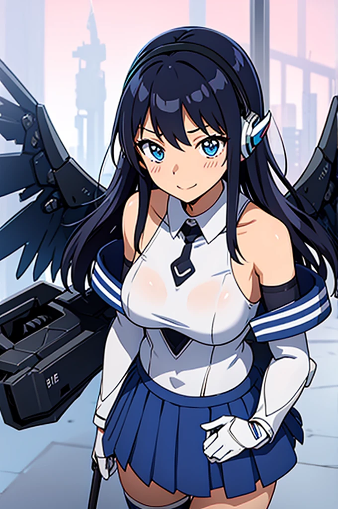 mecha wings、Blue Skirt、Accentuated thighs、chest、Black Hair、1 girl、solo girl、IS、Frame Arms Girl、Alice Gere Aegis、White Armor、Pink Line、income、headphone、hand on own chest、smile、Miike Naeko,One girl,alone,police,police ユニフォーム,police woman