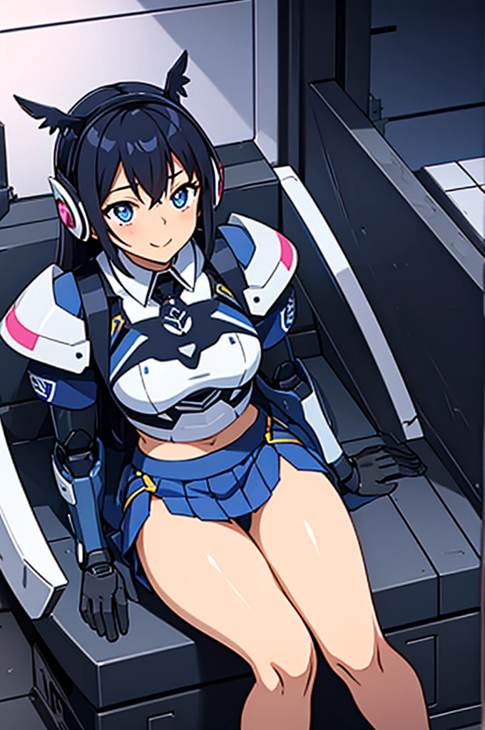 mecha wings、Blue Skirt、Accentuated thighs、chest、Black Hair、1 girl、solo girl、IS、Frame Arms Girl、Alice Gere Aegis、White Armor、Pink Line、income、headphone、hand on own chest、smile、Miike Naeko,One girl,alone,police,police ユニフォーム,police woman