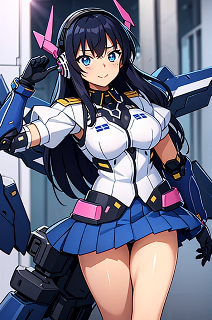 mecha wings、Blue Skirt、Accentuated thighs、chest、Black Hair、1 girl、solo girl、IS、Frame Arms Girl、Alice Gere Aegis、White Armor、Pink Line、income、headphone、hand on own chest、smile、Miike Naeko,One girl,alone,police,police ユニフォーム,police woman