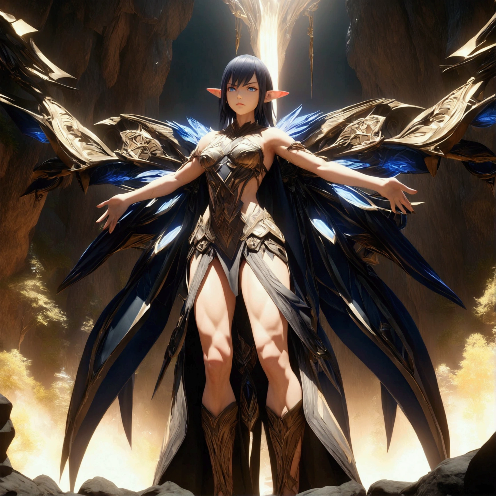 Female, fair skin, light blue eyes, long dark hair on one side and slightly shorter on the other, pointy ears, agile and somewhat muscular physique, scars on her legs and arms, serious expression, "Design inspired by the world of Final Fantasy, with dramatic and impressive lighting, full of creative details. Ultra-fine 3D design, featuring magical and intricate scenery, incredible scenery. Boasting clarity of animation resolution, HD graphics, high-quality rendering, high-octane rendering"