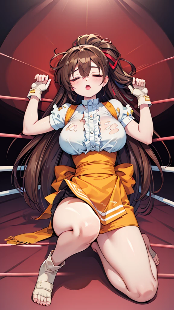 Highest quality，masterpiece，Lying down，sleep，(レスリングのリングにLying down, WWE Divas，Wrestling Arena，Wrestling ring background, Boxing ring background), 仰向けにsleep, Lack of stamina, Ryona, Hitting a girl, death is near，タケユカ 超ロングヘア ヘアribbon, Frilled shirt, Underbust, ribbon, Fingerless gloves, White gloves, Waist apron, Orange Skirt, socks, Toeless legwear，winner, Nice, winner, (Moaning , Open your mouth), ((, 仰向けにsleep, 地面にsleep, lose consciousness, Unconscious, Torn clothes，)), , ( Tilt your head),