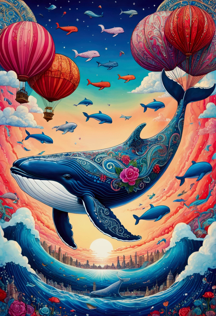 Flying Whale, full body, sky, by Del Kathryn Barton, cinematic still, (best quality, masterpiece), very aesthetic, perfect composition, intricate details, ultra-detailed, vivid colors