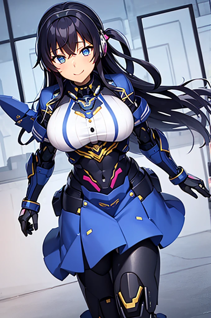 mecha wings、Blue Skirt、Accentuated thighs、chest、Black Hair、1 girl、solo girl、IS、Frame Arms Girl、Alice Gere Aegis、White Armor、Pink Line、income、headphone、hand on own chest、smile、Miike Naeko,One girl,alone,police,police ユニフォーム,police woman