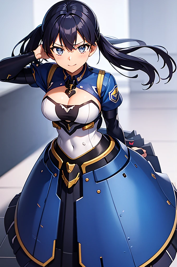 mecha wings、Blue Skirt、Accentuated thighs、chest、Black Hair、1 girl、solo girl、IS、Frame Arms Girl、Alice Gere Aegis、White Armor、Pink Line、income、headphone、hand on own chest、smile、Miike Naeko,One girl,alone,police,police ユニフォーム,police woman