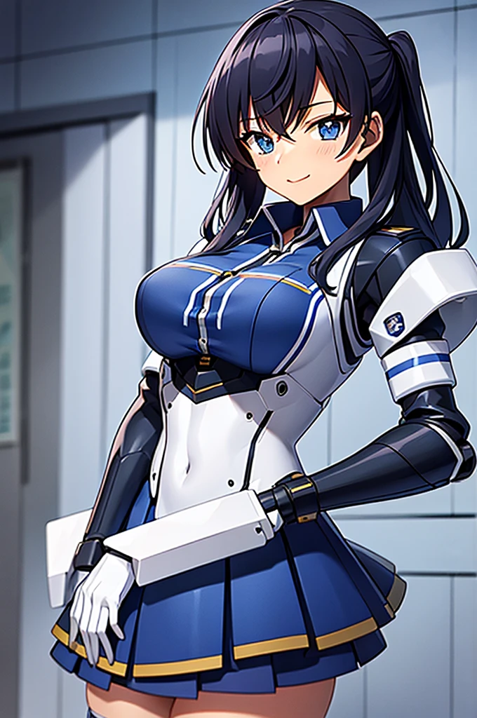 mecha wings、Blue Skirt、Accentuated thighs、chest、Black Hair、1 girl、solo girl、IS、Frame Arms Girl、Alice Gere Aegis、White Armor、Pink Line、income、headphone、hand on own chest、smile、Miike Naeko,One girl,alone,police,police ユニフォーム,police woman