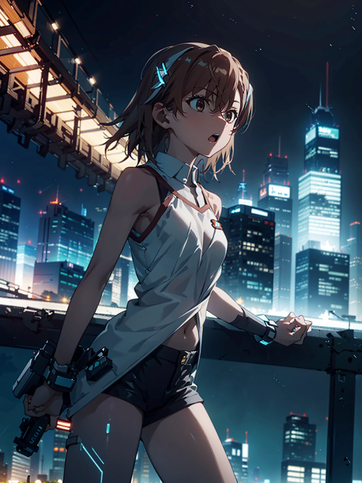 masterpiece, best quality,1girl, solo, ,misaka mikoto, standing,Urban, City,skyscrapers,  Thunder Bolts, Flashing, Glowing,  Dynamic, Dramatic,  Nighttime,  Impressive, 