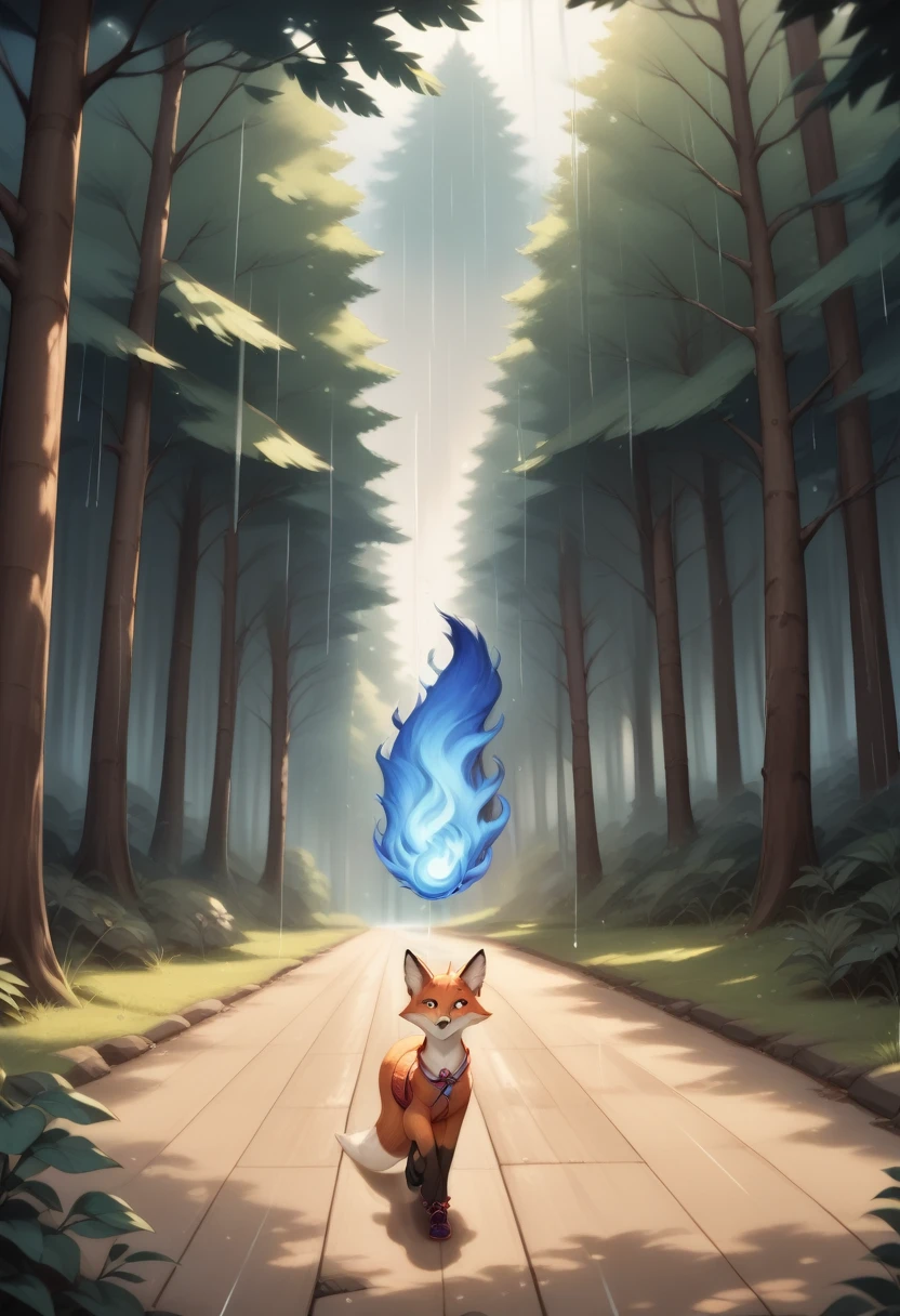 Masterpiece, Extremely detailed, , close distance shot, (A beautiful kitsune woman walking in a rainy forest holding a small ball of blue fire), facing viewer, dynamic pose , fox ears, nine fox tails, traditional Japanese clothing. 