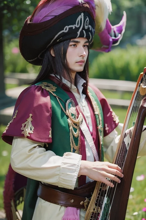 BROWN MASCULINE MAN WITH TAN, eyes browns, straight black hair, COURT CLOTHES, GREEN HAT WITH PINK FEATHER. playing the harp. bard, d&d, tavern in the background