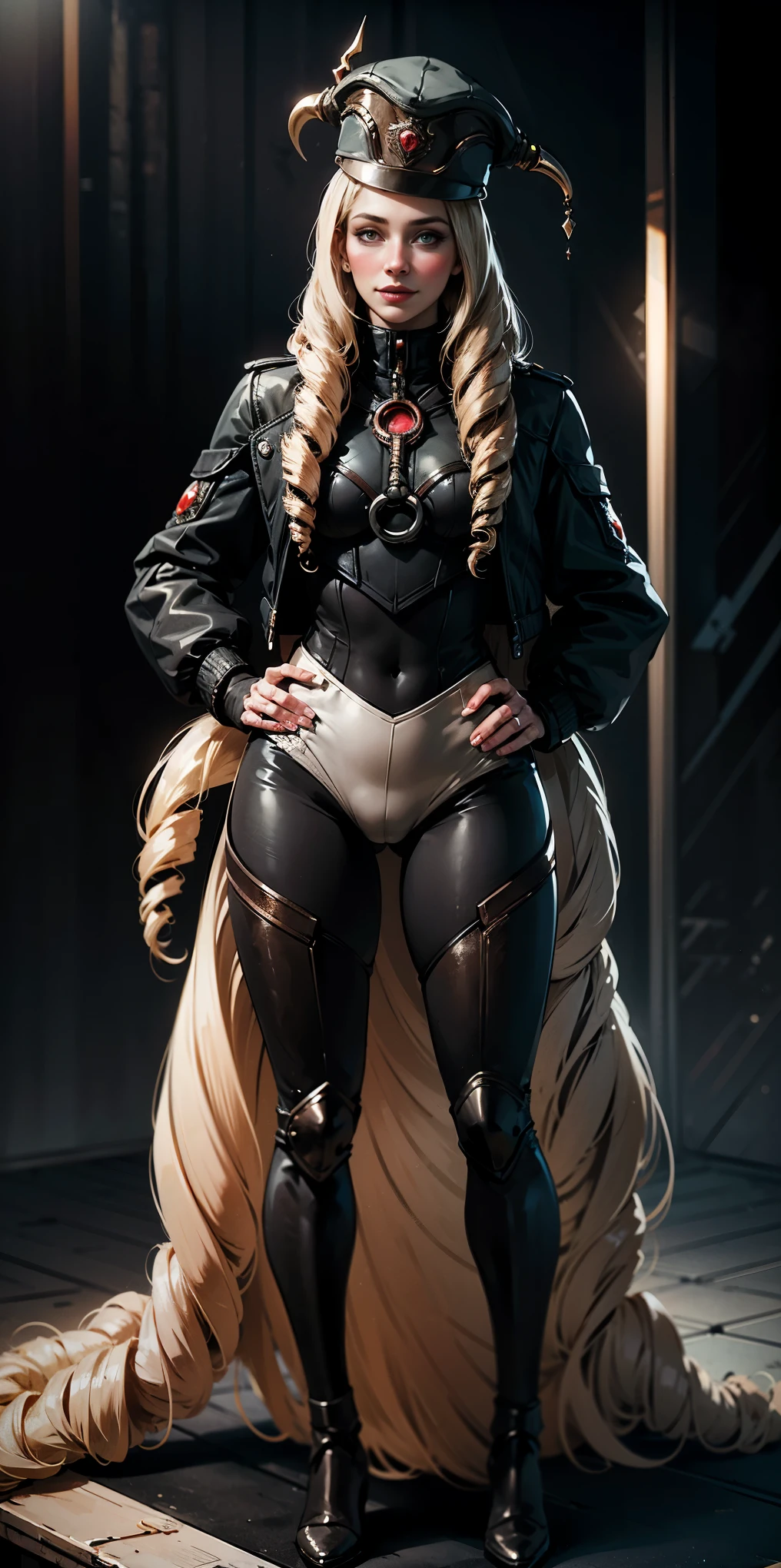 (4k, ultra high resolution, Prominence in Masterpiece, High Quality, Best Quality: 1.2) full body, 1 female, solo, 1girl, 1woman, lustful smirking smile blush, looking at viewer, sitting, blonde hair, long hair, (black jacket), beautiful and detailed face, detailed eyes, looking at the viewer (grey theme) close jacket (aesthetic clothing) hands on hips, wide hips, blonde long hair, blonde drill hair, blonde twin drills hair, blue wizard hat, Handcuffs on their hands, With a collar around the neck