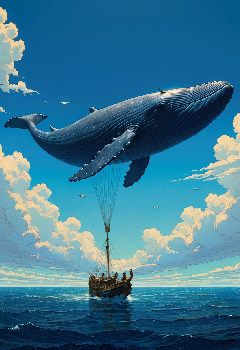 Flying Whale, full body, sky, by Jack_Kirby and Mike Allred, pulp comics, cinematic still, (best quality, masterpiece), very aesthetic, perfect composition, intricate details, ultra-detailed, vivid colors