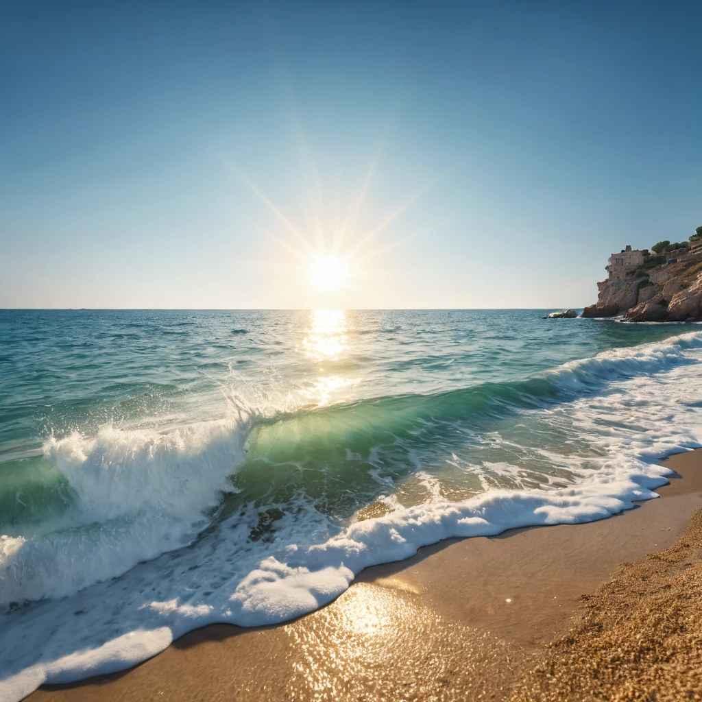 All the action takes place under a bright sun on a Mediterranean beach with impressive lighting for a perfect shot. Professional photography, 8k, RAW photo, The best quality, masterpiece, photorealistic, Highly detailed, cinematic lighting, sharp focus, réflex digital, high resolution, photorealistic,
