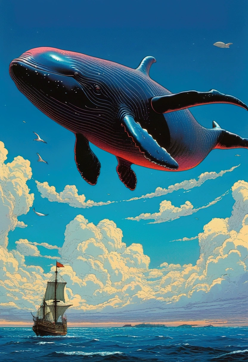 Flying Whale, full body, sky, by Moebius, cinematic still, (best quality, masterpiece), very aesthetic, perfect composition, intricate details, ultra-detailed, vivid colors